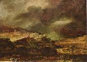 Rembrandt Harmensz Van Rijn Stadt auf einem Hugel bei sturmischem Wetter oil on canvas